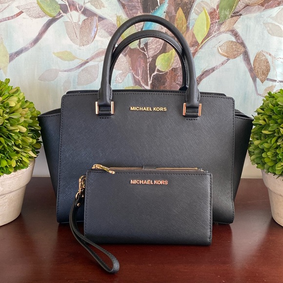 MICHAEL KORS SAFFIANO 🖤BLACK🖤 LEATHER MEDIUM SATCHEL BAG & WALLET SET 🌟EUC🌟 - Picture 17 of 17